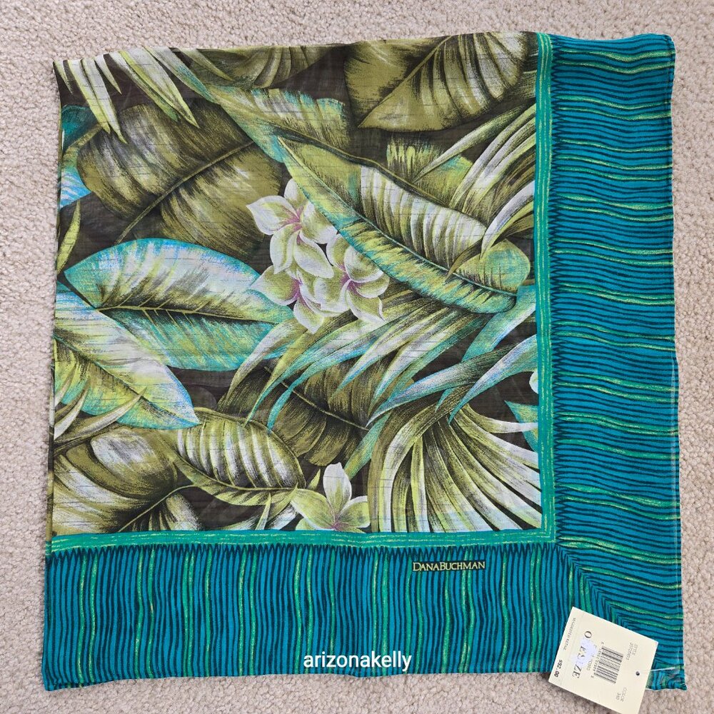 NWT Silk Scarf Hand Rolled Crepe Tropical Leaves Green Dana Buchman - Picture 12 of 12